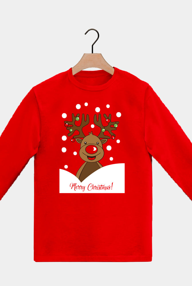 Weihnachts langarm T-shirt in Rot für Damen und Herren mit Rentier Rudolph