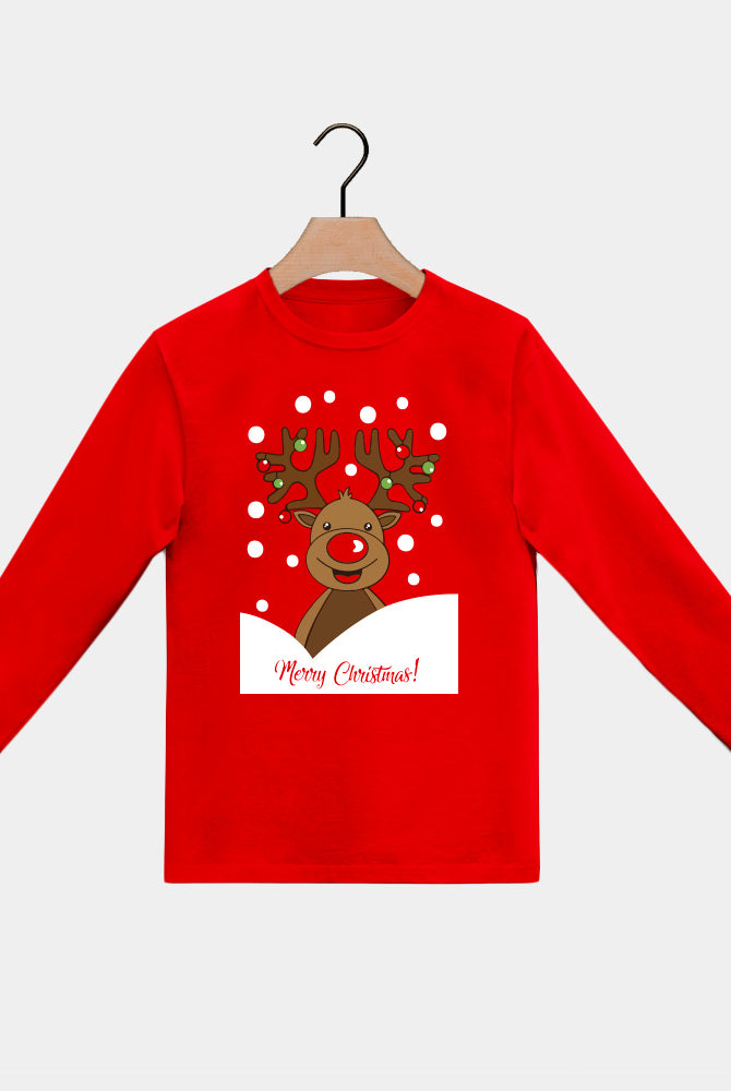 Weihnachts langarm T-shirt in Rot für Kinder mit Rentier Rudolph