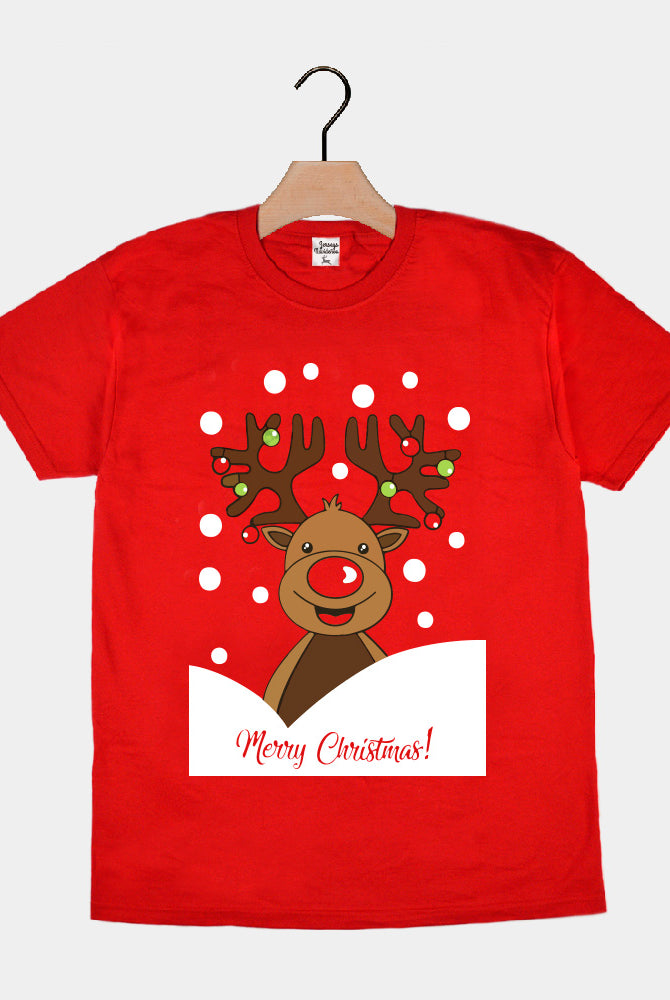 Weihnachts T-shirt in Rot für Damen und Herren mit Rentier Rudolph
