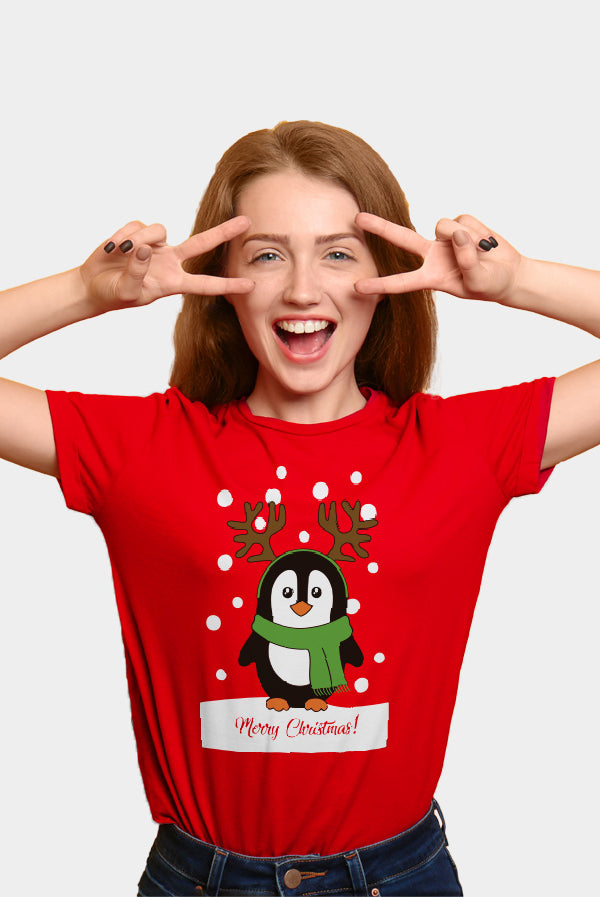 Weihnachts T-shirt in Rot für Damen mit Pinguinen