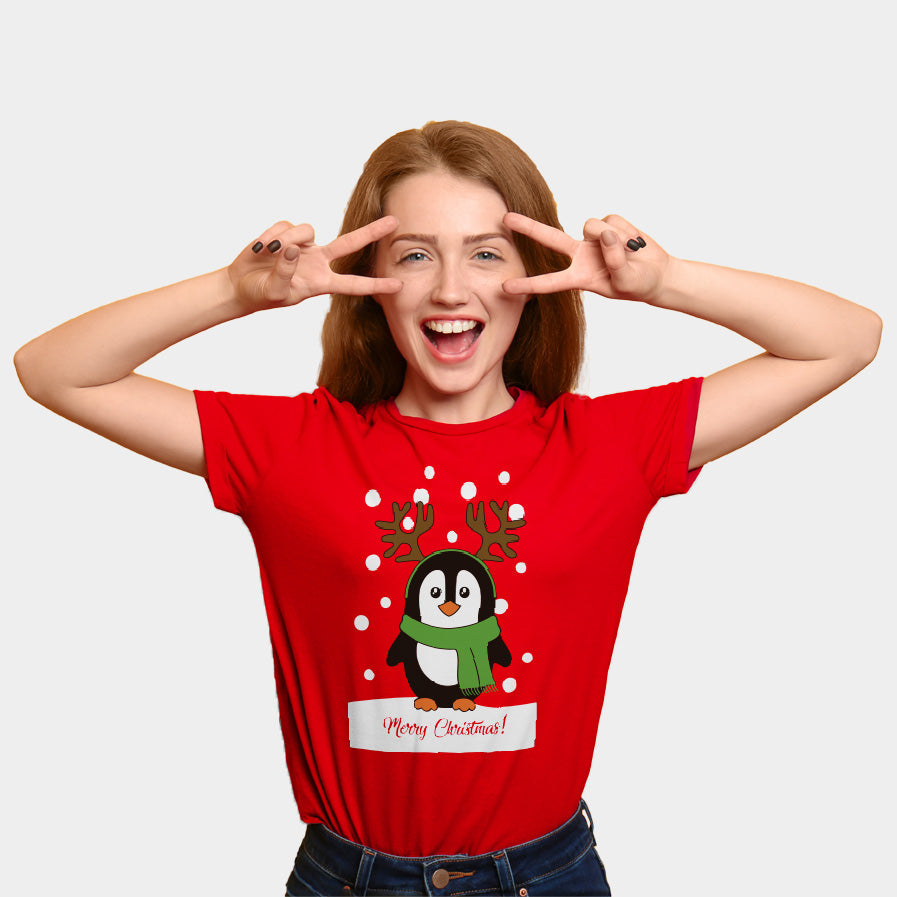 Weihnachts T-shirt in Rot für Damen mit Pinguinen