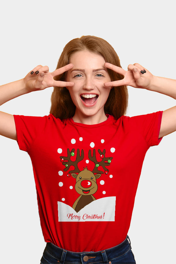 Weihnachts T-shirt in Rot für Damen mit Rentier Rudolph