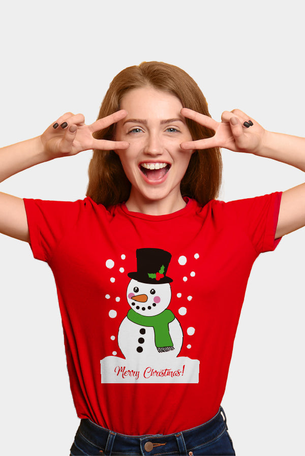 Weihnachts T-shirt in Rot für Damen mit Schneemann