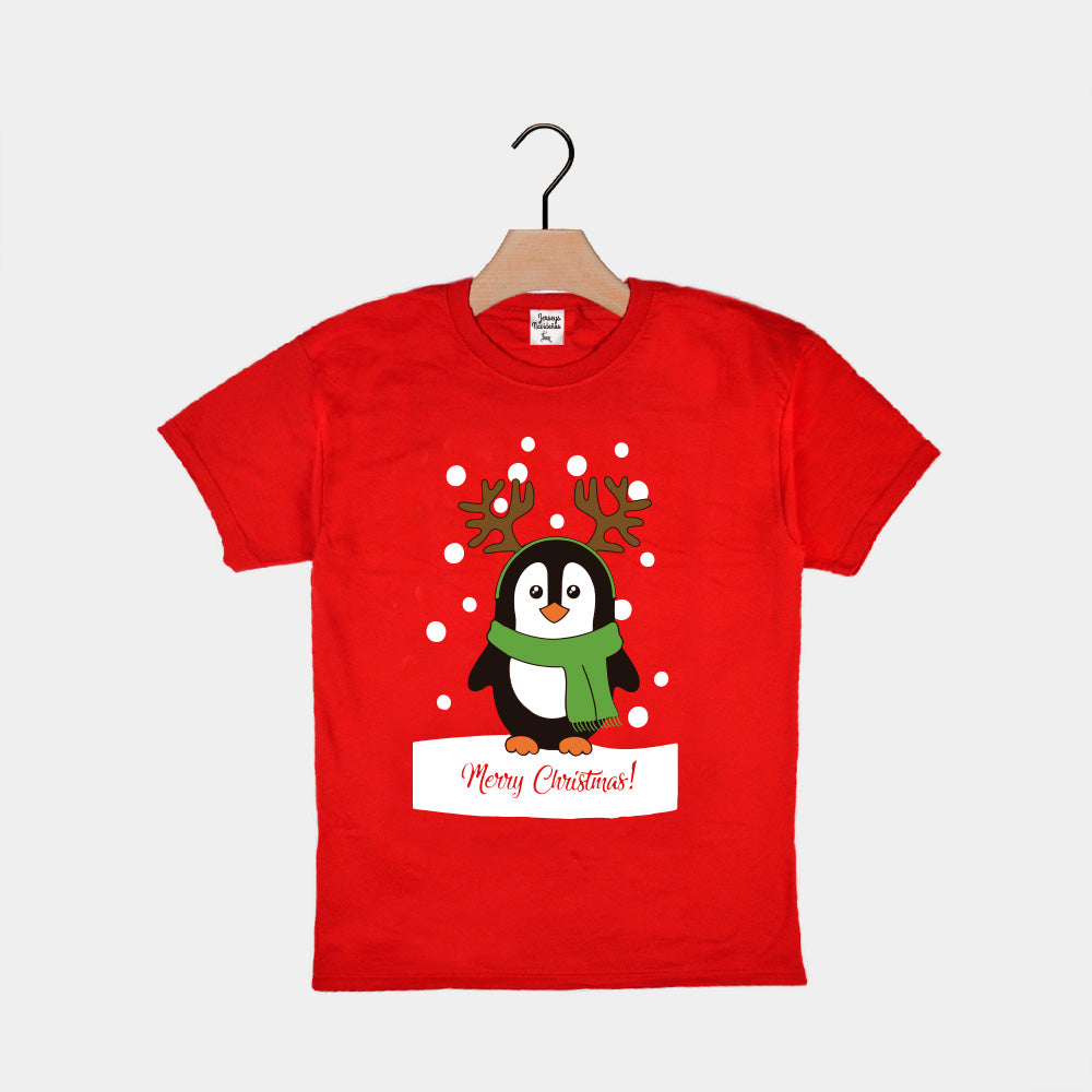 Weihnachts T-shirt in Rot für Kinder mit Pinguinen