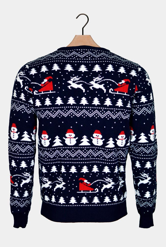 Weihnachtspullover Blau mit Bäumen, Schneemännern Herren Weihnachtsmann
