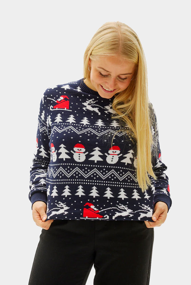 Weihnachtspullover Blau Damen mit Bäumen, Schneemännern und Weihnachtsmann