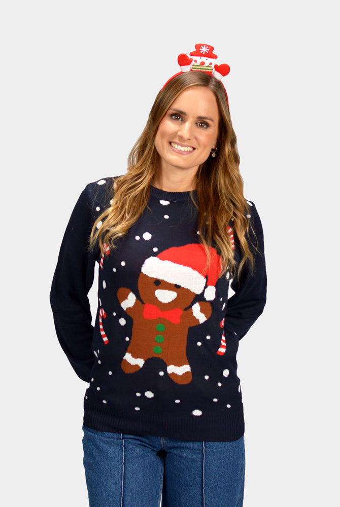 Weihnachtspullover Damen in Blau mit Gingerbread
