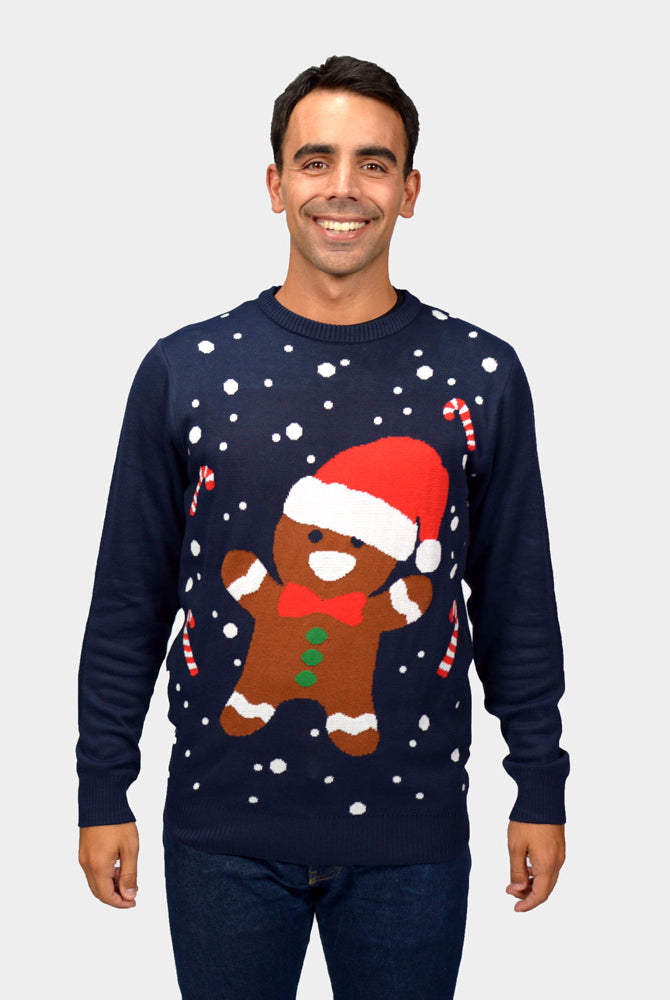 Weihnachtspullover Herren in Blau mit Gingerbread