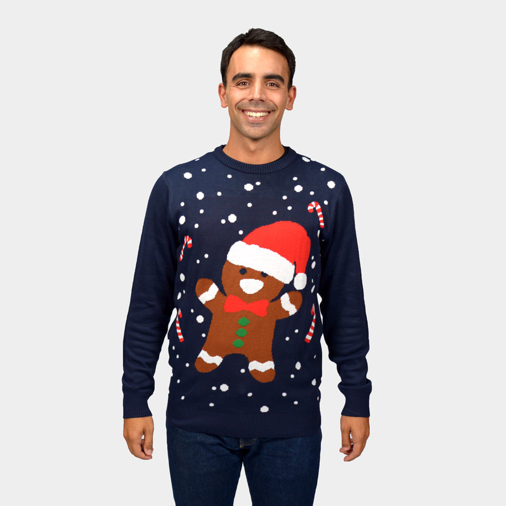 Weihnachtspullover Herren in Blau mit Gingerbread