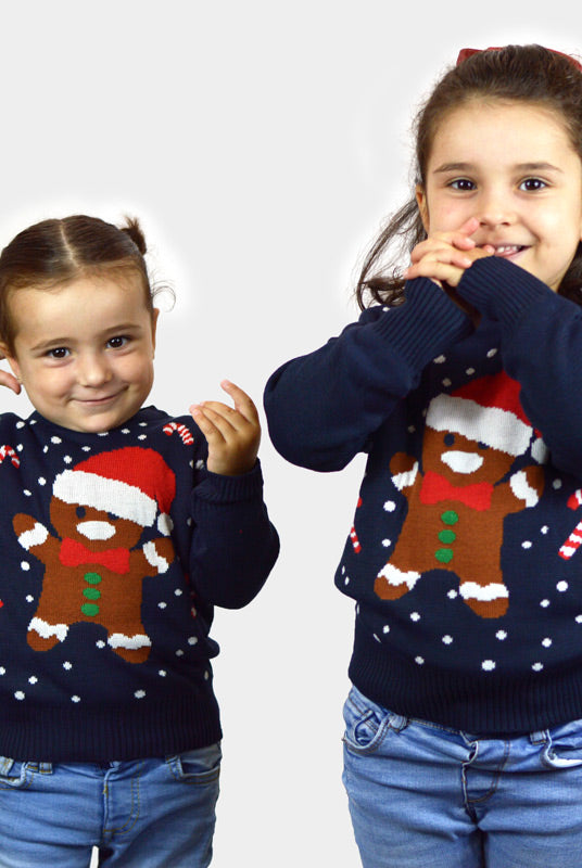 Weihnachtspullover Kinder in Blau mit Gingerbread