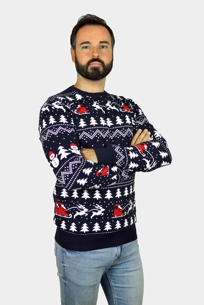 Weihnachtspullover Herren Blau mit Bäumen, Schneemännern und Weihnachtsmann