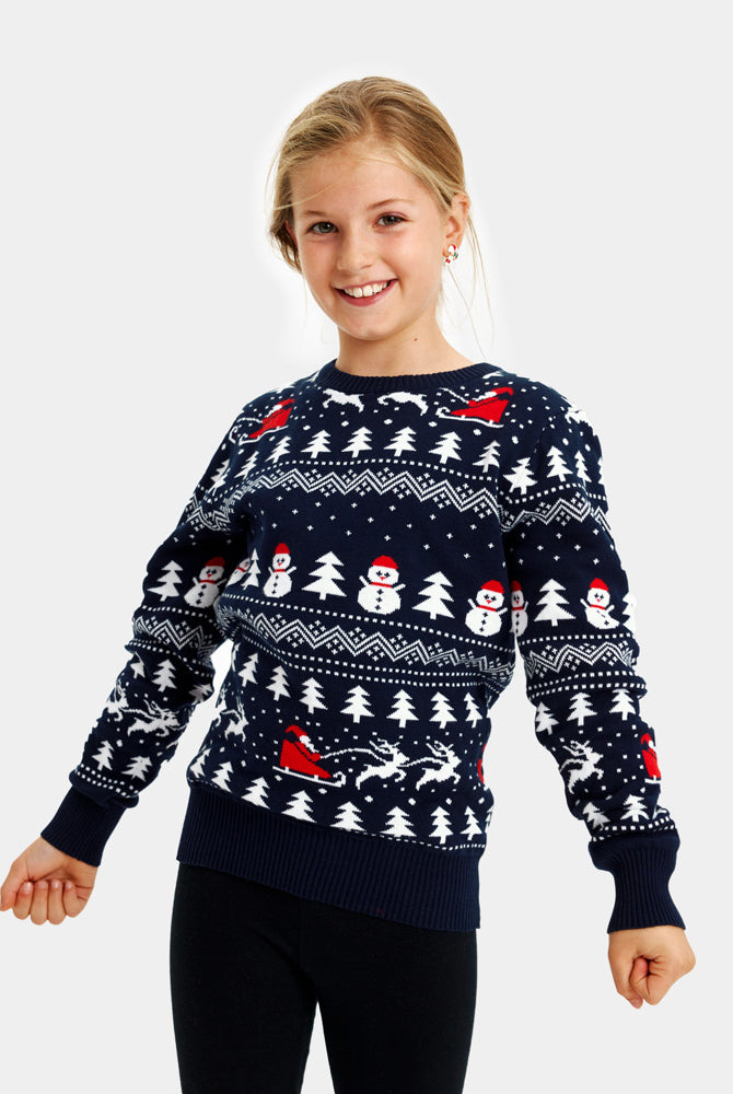 Weihnachtspullover Blau mit Kinder Bäumen, Schneemännern und Weihnachtsmann