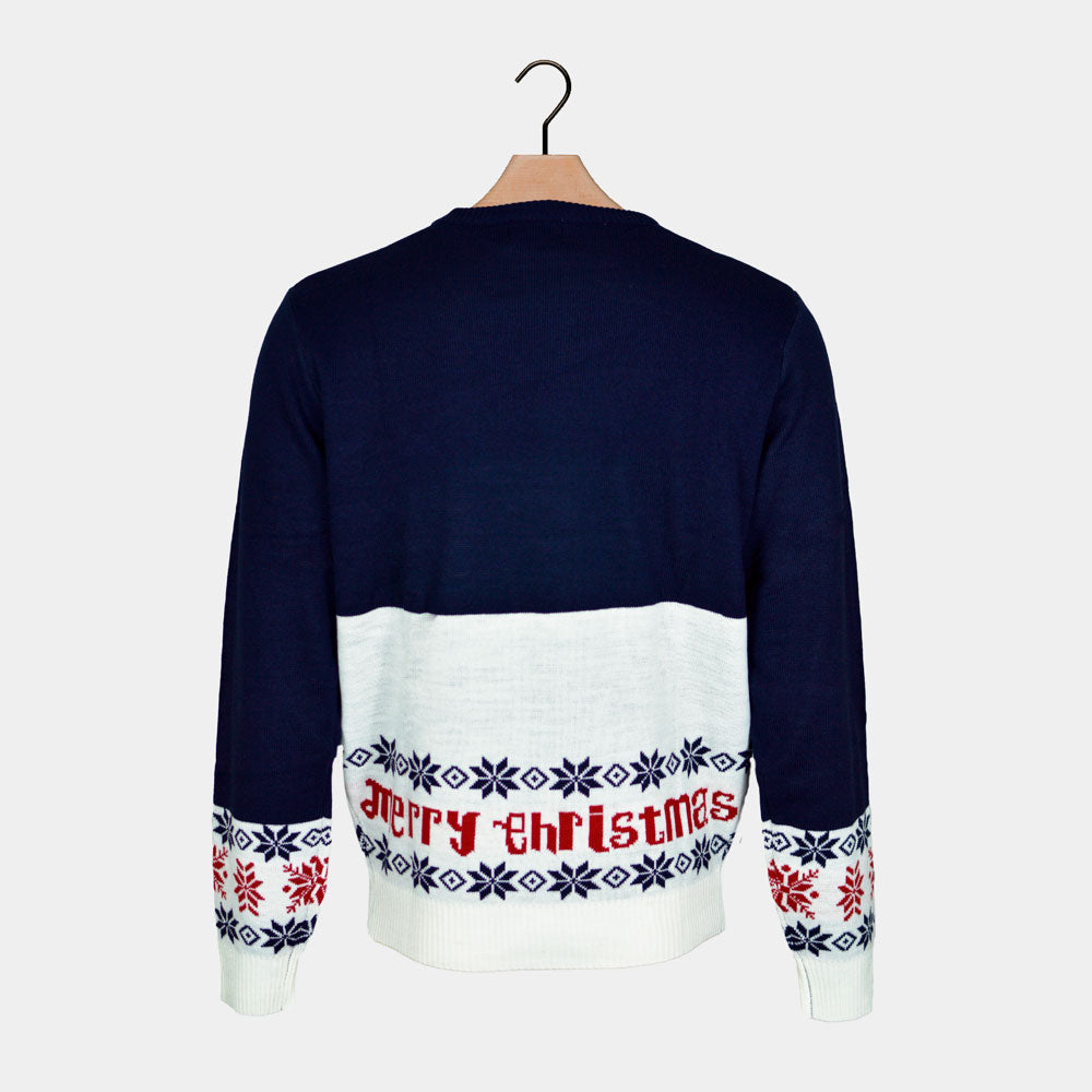 Weihnachtspullover Blau mit Kinder Weihnachtsmann und Rudolf