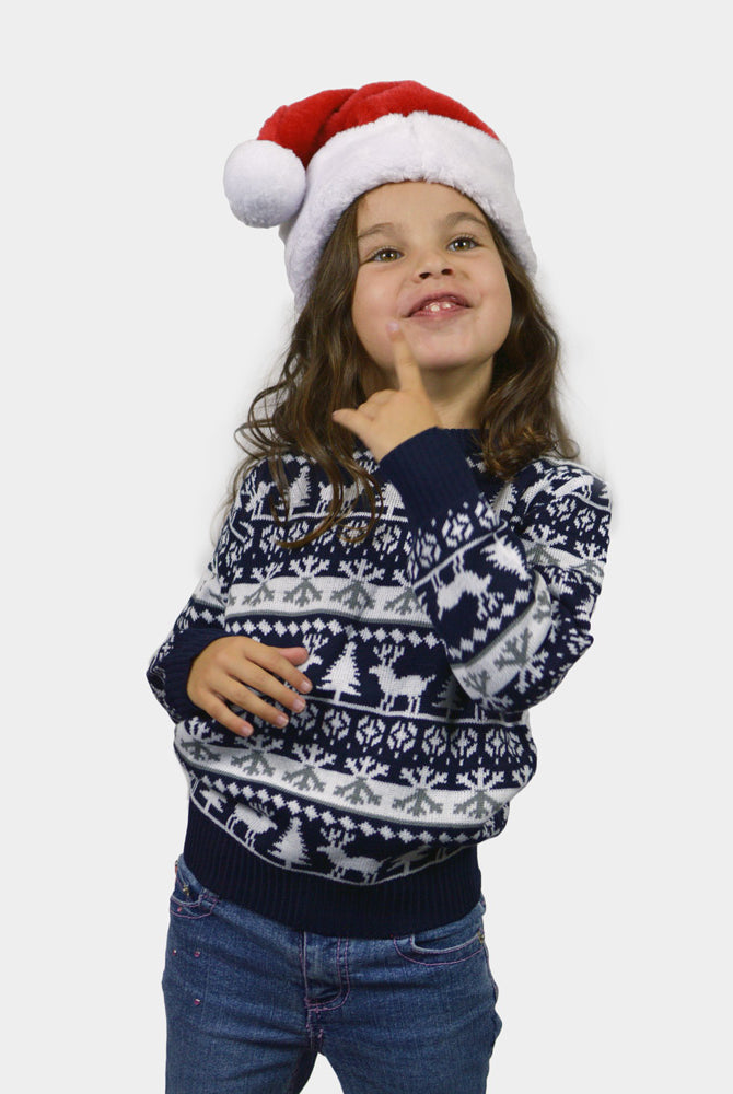 Weihnachtspullover Blau mit Rentieren und Weihnachtsbäumen Kinder