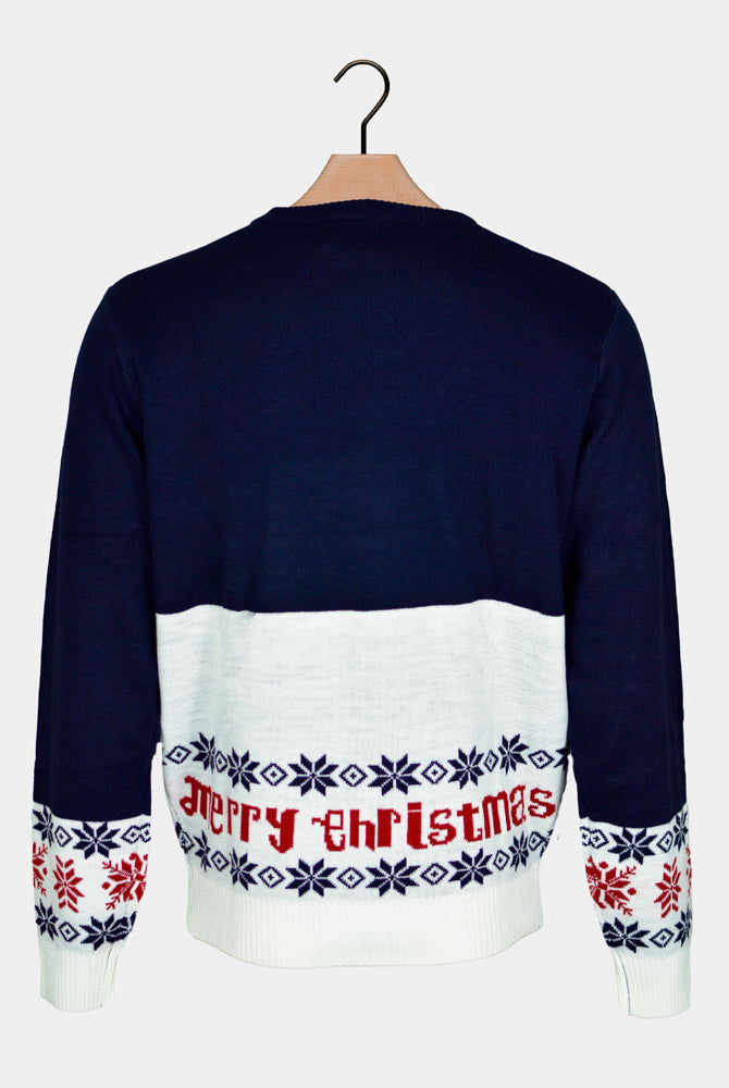 Weihnachtspullover Blau mit Weihnachtsmann Herren und Rudolf