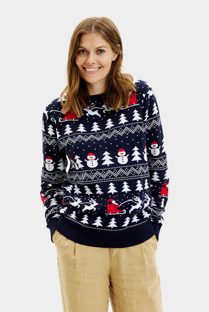 Weihnachtspullover Damen Blau mit Bäumen, Schneemännern und Weihnachtsmann