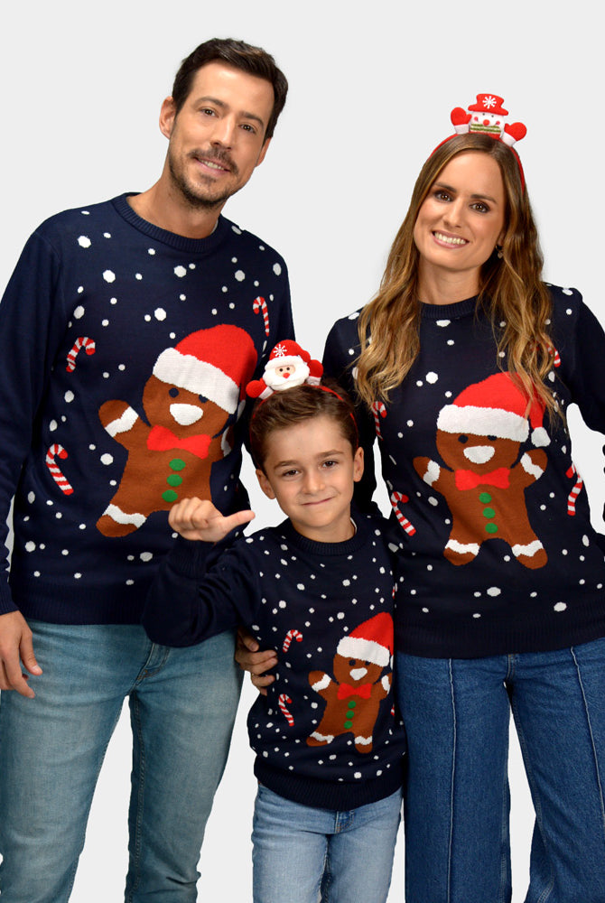 Weihnachtspullover für Damen in Blau mit Gingerbread Familie