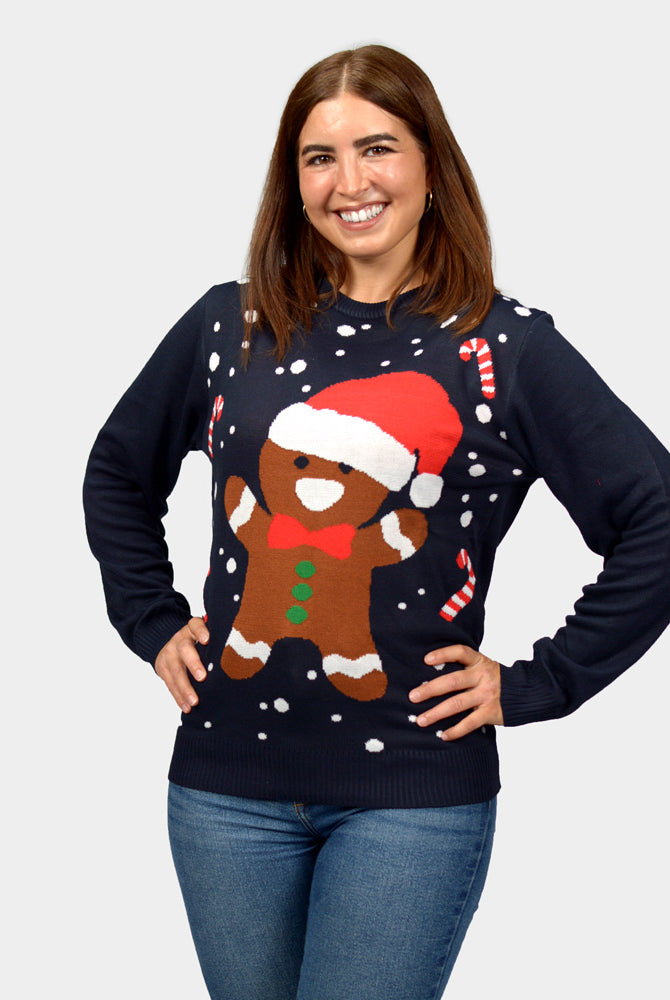 Weihnachtspullover für Damen in Blau mit Gingerbread