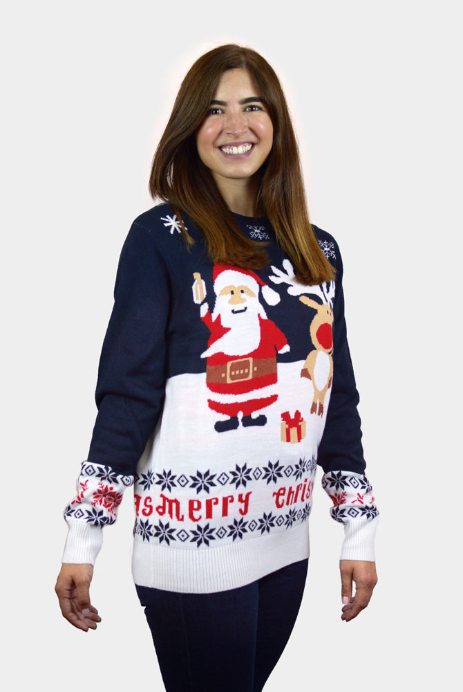 Weihnachtspullover Damen Blau mit Weihnachtsmann und Rudolf