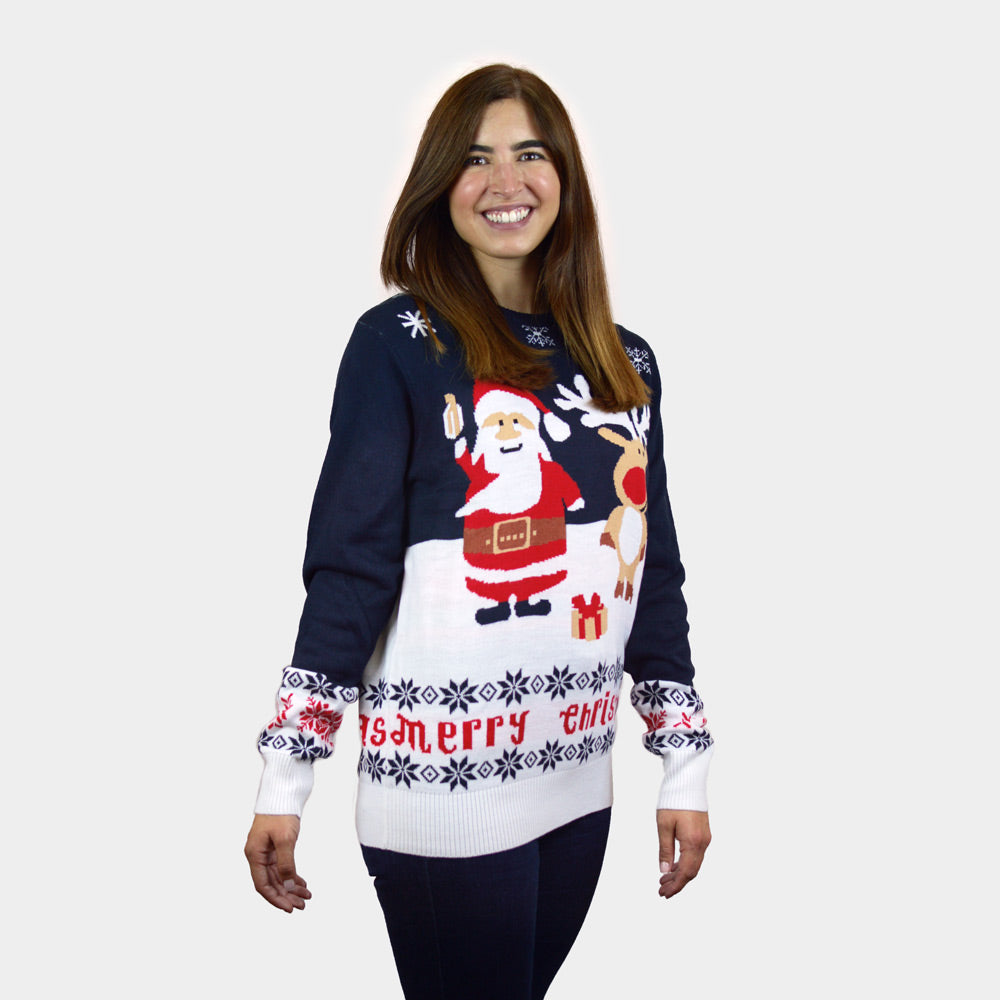 Weihnachtspullover Damen Blau mit Weihnachtsmann und Rudolf