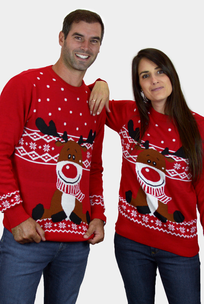 Weihnachtspullover für Damen und Herren in Rot Rentier Rudolph mit Halstuch