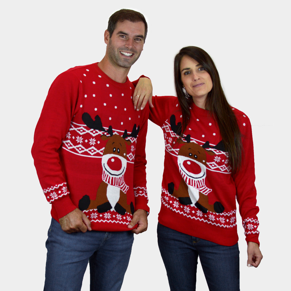 Weihnachtspullover für Damen und Herren in Rot Rentier Rudolph mit Halstuch