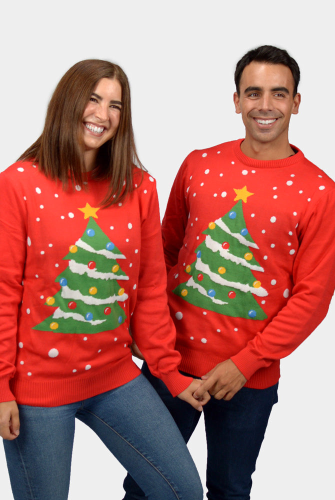 Weihnachtspullover für Damen in Rot mit Weihnachtsbaum Herren