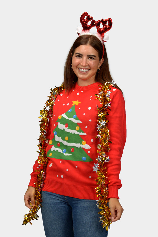 Weihnachtspullover für Damen in Rot mit Weihnachtsbaum
