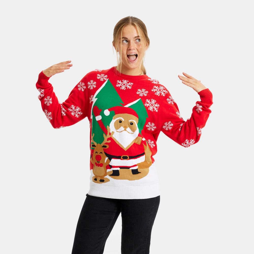 Damen Weihnachtspullover Rot mit Weihnachtsmann und winkendem Rentier