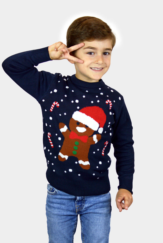 Weihnachtspullover für Familie in Blau mit Gingerbread Kinder