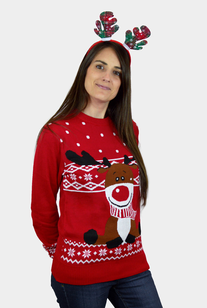 Damen Weihnachtspullover für Familien in Rot Rentier Rudolph mit Halstuch