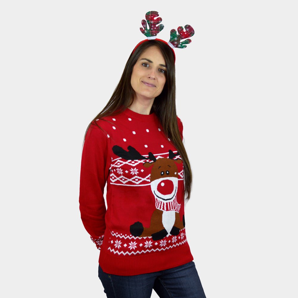 Damen Weihnachtspullover für Familien in Rot Rentier Rudolph mit Halstuch