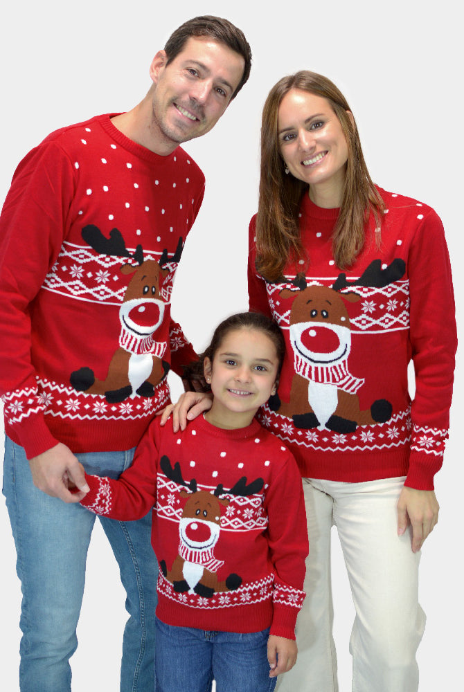 Weihnachtspullover für Familie in Rot Rentier Rudolph mit Halstuch