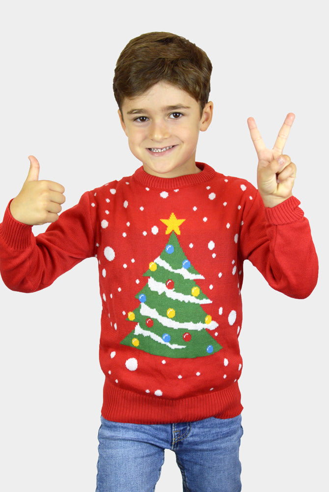 Weihnachtspullover für Familie in Rot mit Weihnachtsbaum Kinder