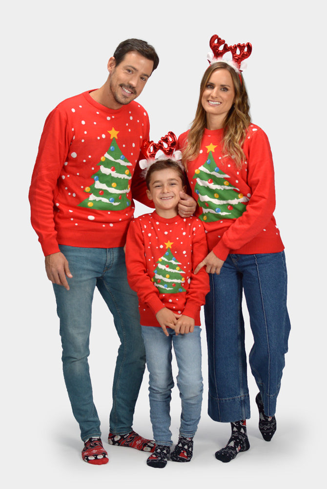 Weihnachtspullover für Familie in Rot mit Weihnachtsbaum