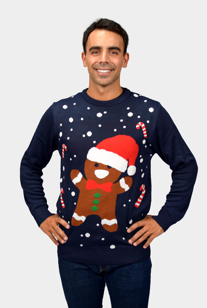 Weihnachtspullover für Herren in Blau mit Gingerbread