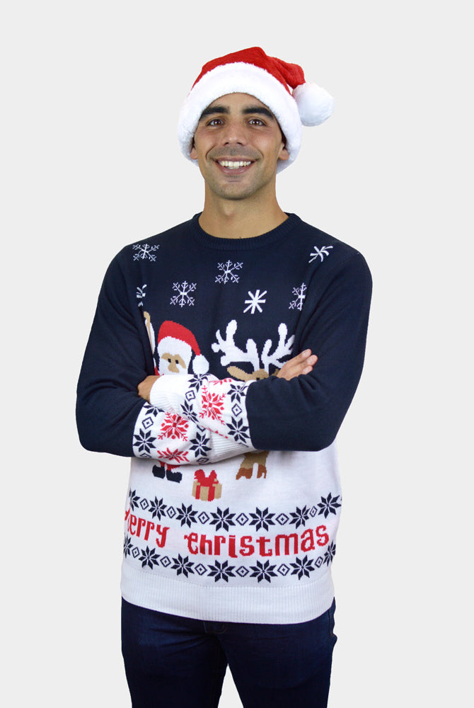 Weihnachtspullover Herren Blau mit Weihnachtsmann und Rudolf
