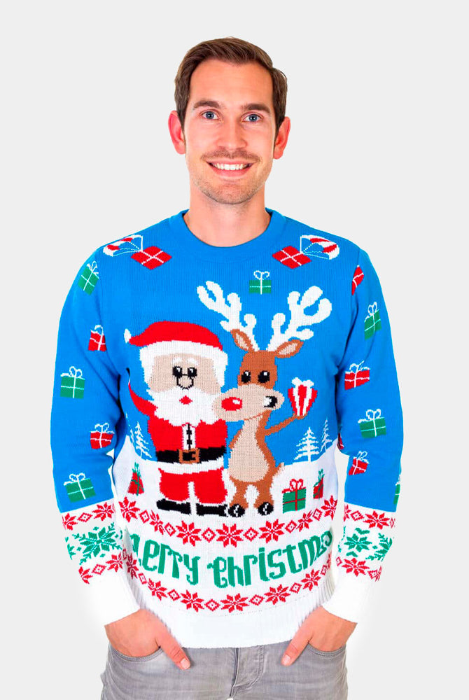 Weihnachtspullover Herren Blau mit Weihnachtsmann und Rudolf