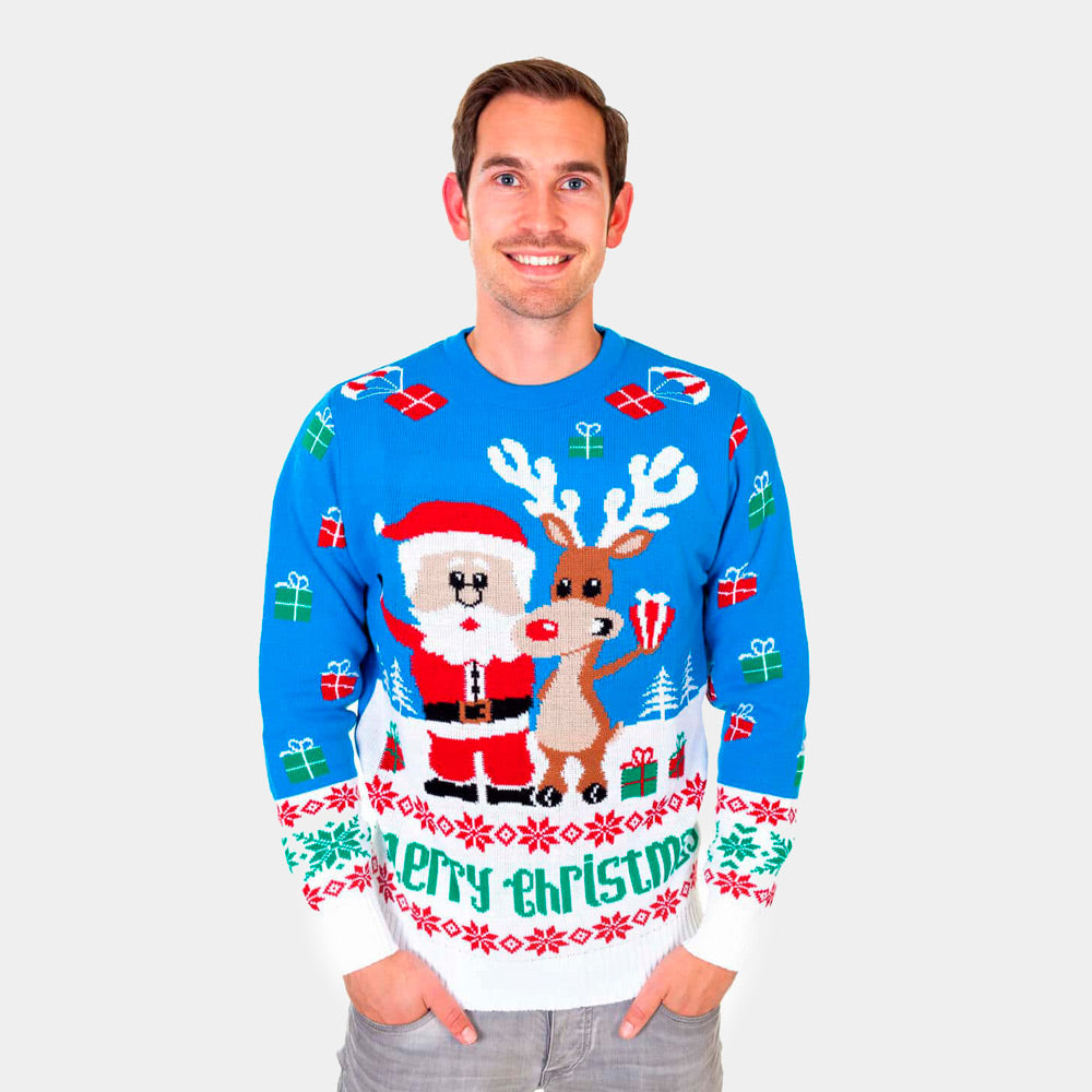 Weihnachtspullover Herren Blau mit Weihnachtsmann und Rudolf