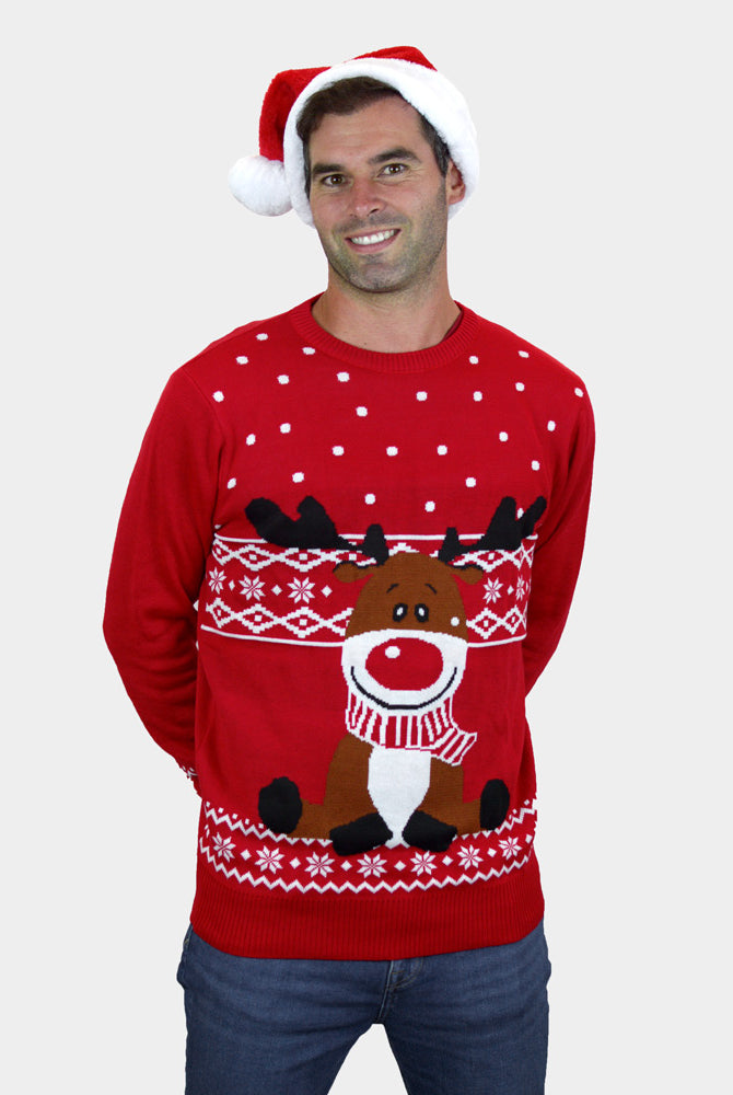 Weihnachtspullover für Herren in Rot Rentier Rudolph mit Halstuch