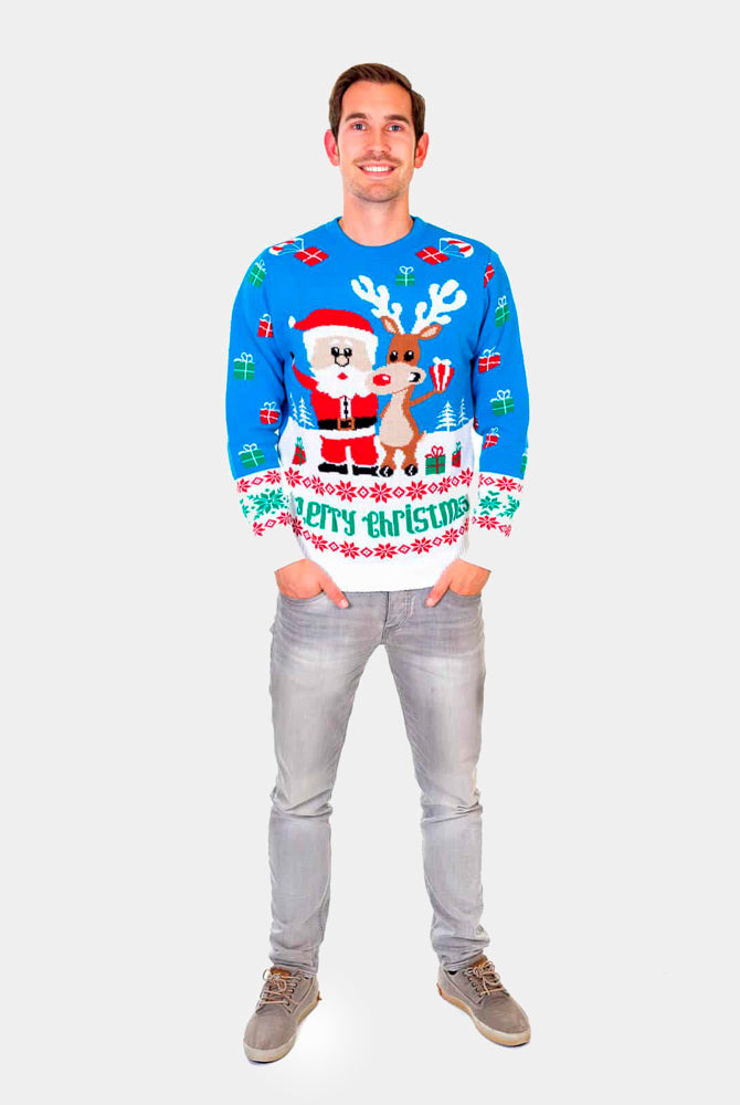 Herren Weihnachtspullover Blau Weihnachtsmann und Rudolf