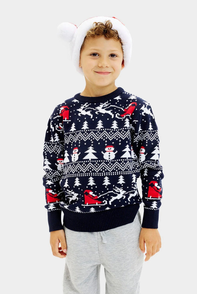 Weihnachtspullover Kinder Blau mit Bäumen, Schneemännern und Weihnachtsmann