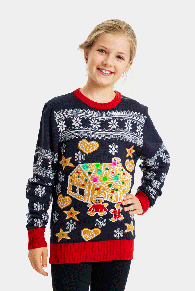 Kinder Weihnachtspullover mit LED Lebkuchenhaus
