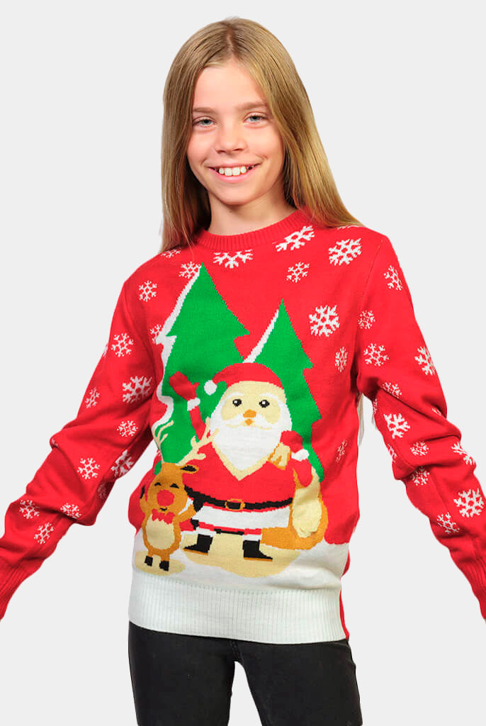 Kinder Weihnachtspullover Rot mit Weihnachtsmann und winkendem Rentier