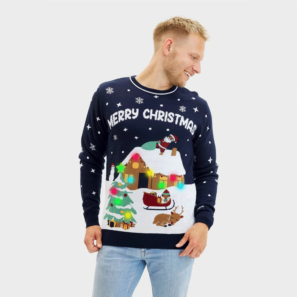 Weihnachtspullover Herren mit LED Blau „Merry Christmas“
