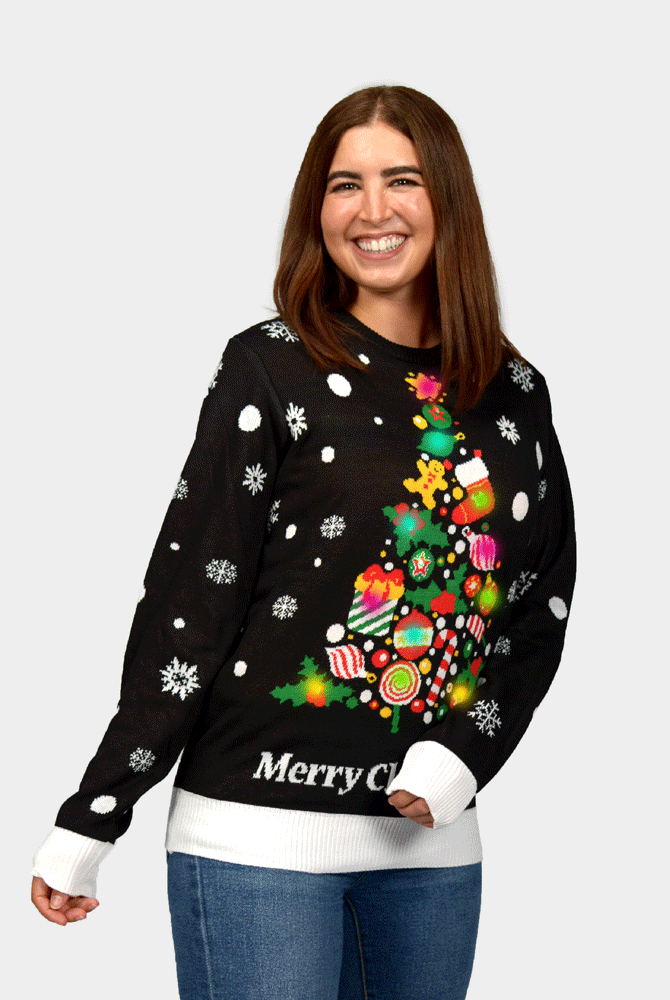 Weihnachtspullover mit LED Schwarz "Merry Christmas" Damen