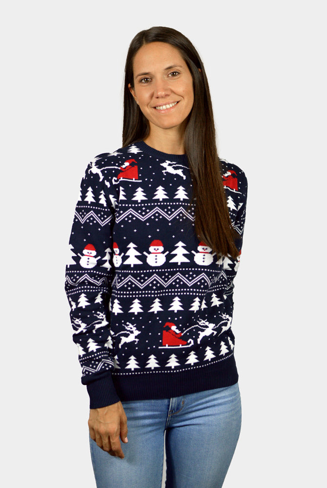 Weihnachtspullover für Paare Blau mit Bäumen, Schneemännern und Weihnachtsmann damen