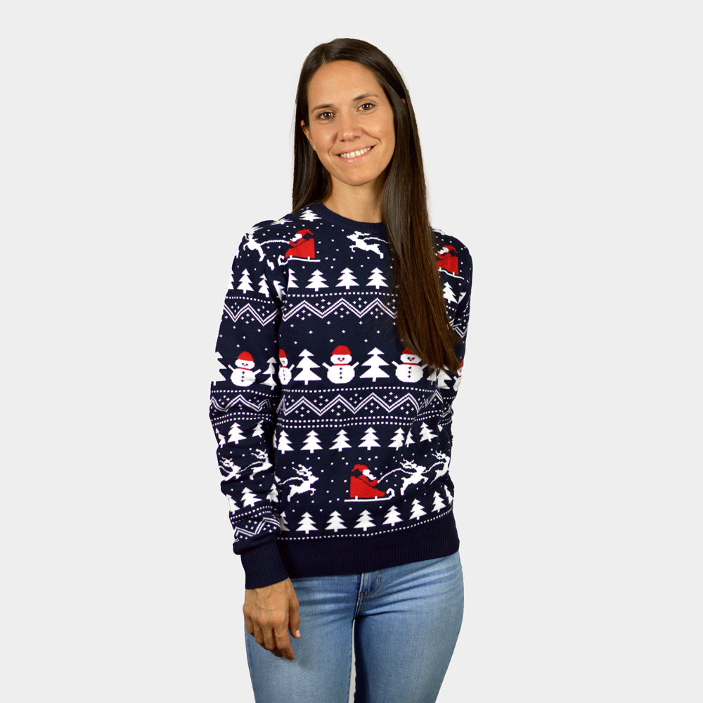 Weihnachtspullover für Paare Blau mit Bäumen, Schneemännern und Weihnachtsmann damen
