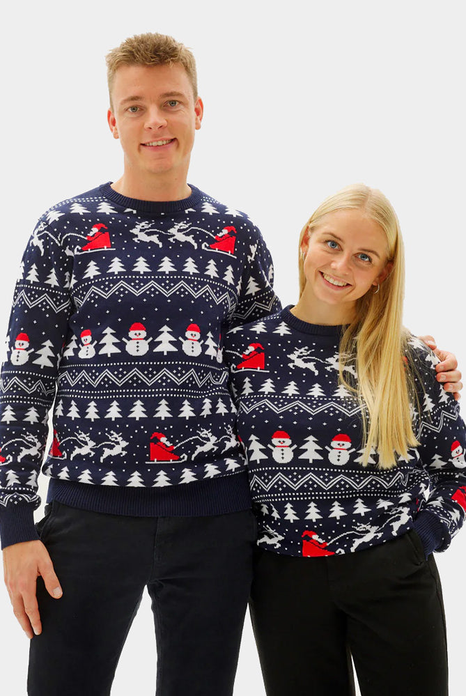 Weihnachtspullover für Paare Blau mit Bäumen, Schneemännern und Weihnachtsmann