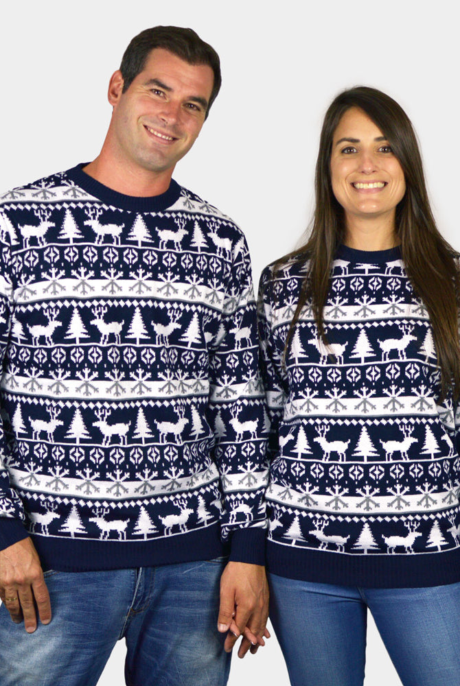 Weihnachtspullover für Paare Blau mit Rentieren und Weihnachtsbäumen